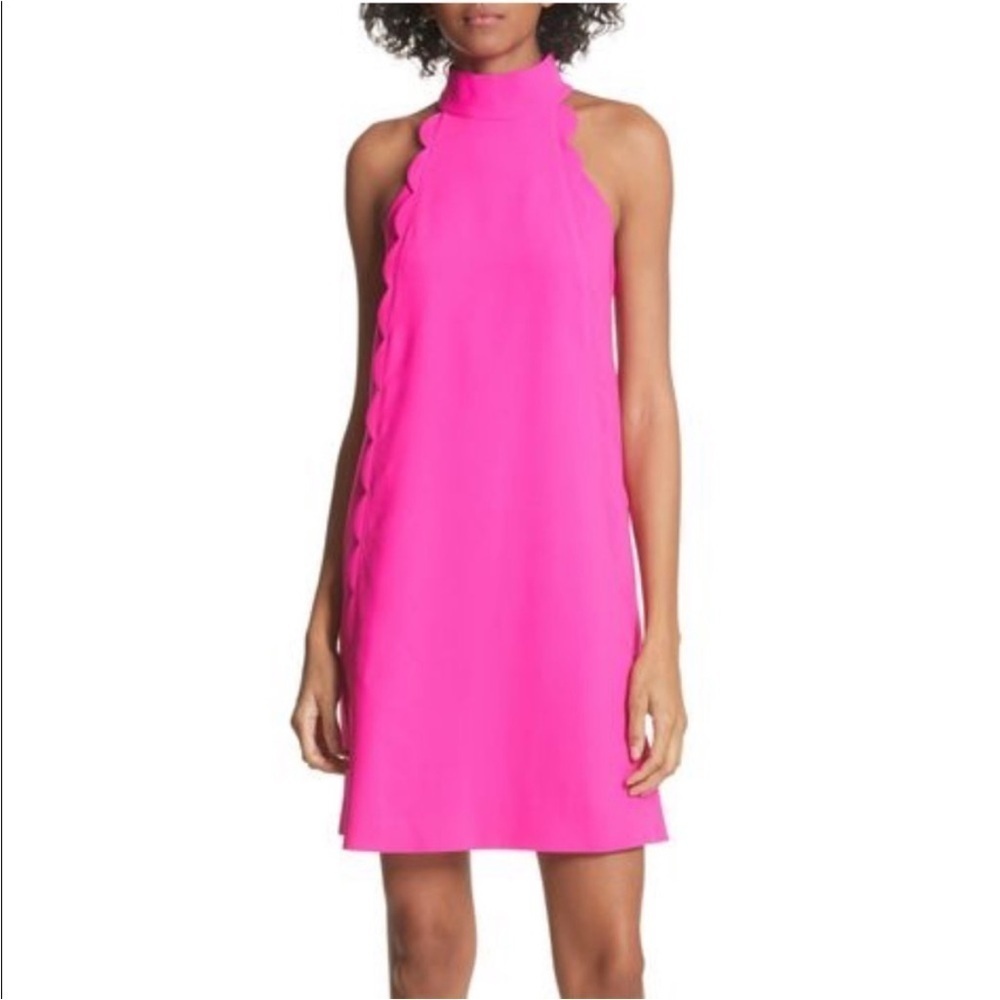 Ted Baker Fuchsia/Hot Pink Scalloped High Neck Scalloped Mini Dress Sz 2 EUC